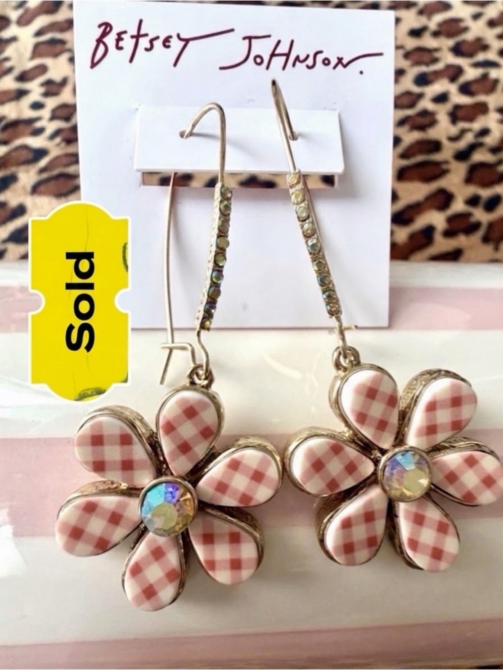 Betsey Johnson Pink Gingham Floral Dangle Earrings